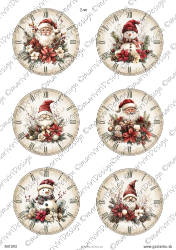Papier ryżowy format A4 marki mariviriDesign. Zawiera sześć tarcz zegarowych o średnicy 8 cm, ozdobionych świątecznymi motywami z postaciami Św. Mikołaja, skrzata i bałwanka. Idealny do decoupage i projektów DIY.