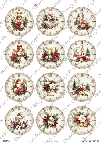 Papier ryżowy format A4 marki mariviriDesign. Zawiera dwanaście tarcz zegarowych o średnicy 6cm, ozdobionych świątecznymi motywami. Idealny do decoupage i projektów DIY.