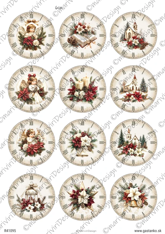 Papier ryżowy format A4 marki mariviriDesign. Zawiera dwanaście tarcz zegarowych o średnicy 6cm, ozdobionych świątecznymi motywami. Idealny do decoupage i projektów DIY.