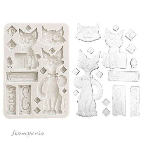 Foremka silikonowa marki Stamperia z kolekcji Furry Friends z motywem kotów i ozdobnych dodatków różnej wielkości. Format A5, kod produktu KACMA591. Idealny do decoupage oraz projektów mixmedia, handmade i DIY.