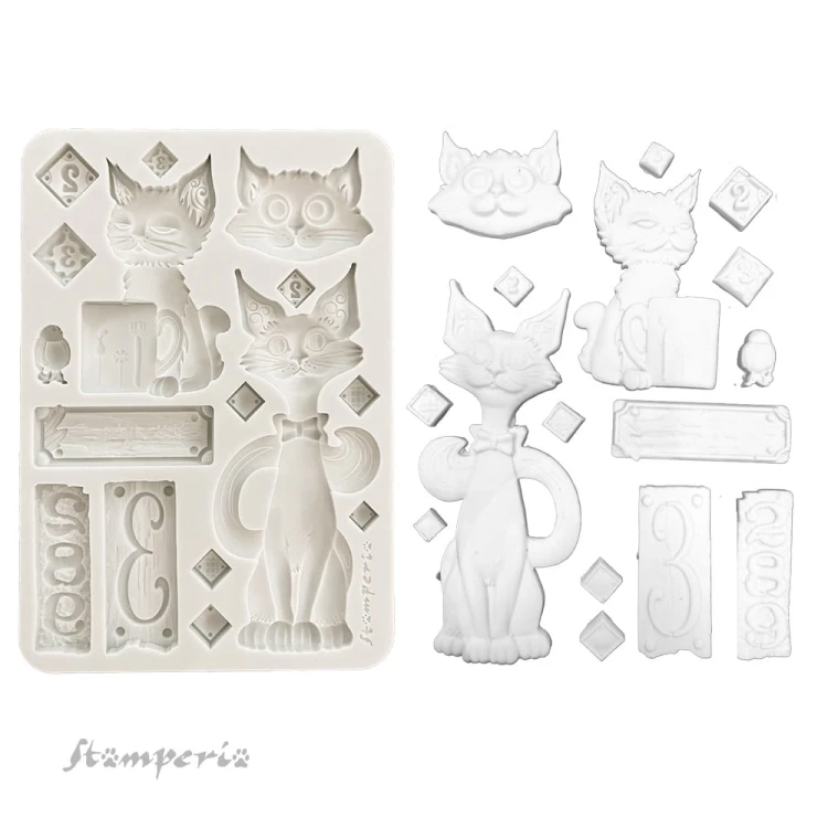Foremka silikonowa marki Stamperia z kolekcji Furry Friends z motywem kotów i ozdobnych dodatków różnej wielkości. Format A5, kod produktu KACMA591. Idealny do decoupage oraz projektów mixmedia, handmade i DIY.