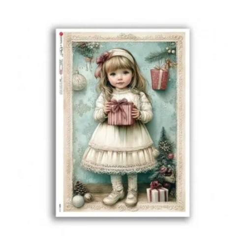 Papier ryżowy włoskiej marki Paper Designs, format A4. Zawiera lustrację z małą dziewczynką z prezentem, w świątecznej scenerii. Kod producenta 0125. Idealny do decoupage i projektów DIY.