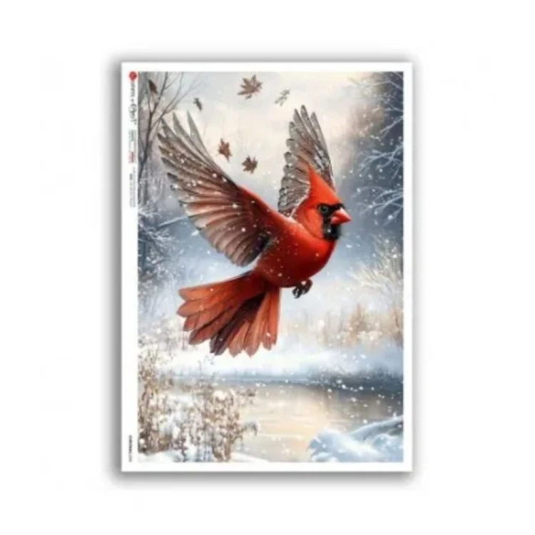 Papier ryżowy włoskiej marki Paper Designs, format A4. Zawiera lustrację z czerwonym ptakiem kardynałem w locie, w zimowej scenerii. Kod producenta 0384. Idealny do decoupage i projektów DIY.