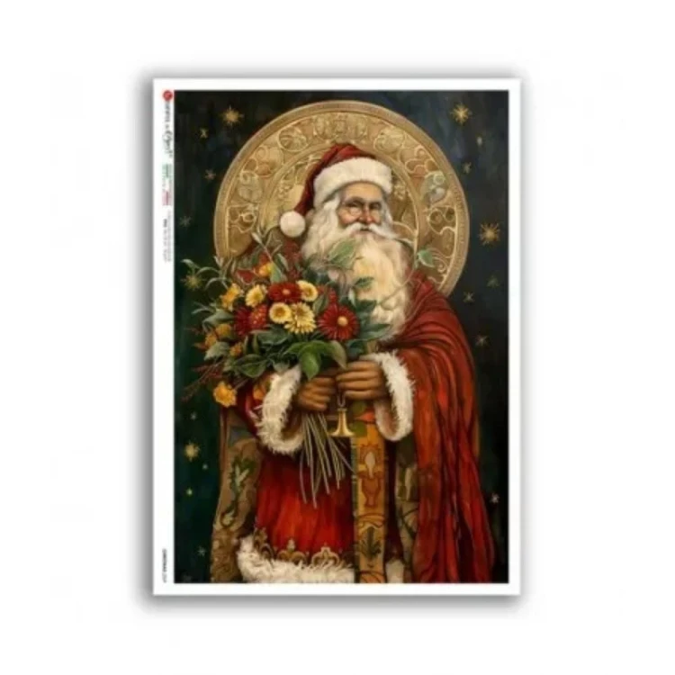 Papier ryżowy włoskiej marki Paper Designs, format A5. Zawiera motyw Św. Mikołaja w starodawnym, sakralnym klimacie. Głowę Mikołaja otacza złoty nimb, postać trzyma w ręku bukiet kwiatów. Kod producenta 0369. Idealny do decoupage i projektów DIY.