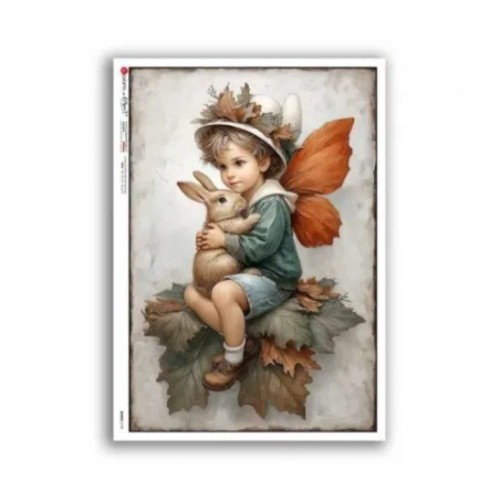 Papier ryżowy włoskiej marki Paper Designs, format A5. Zawiera motyw małego chłopczyka w kapeluszu, ze skrzydełkami motyla, trzymający w ręku królika. Kod producenta 0129. Idealny do decoupage i projektów DIY.