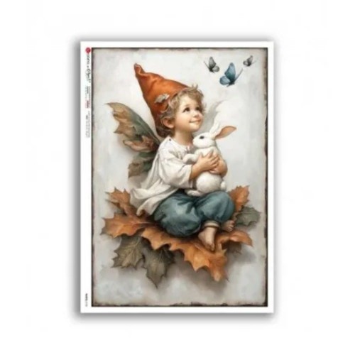 Papier ryżowy włoskiej marki Paper Designs, format A5. Zawiera motyw małego chłopczyka - elfa ze skrzydełkami, trzymający w ręku białego królika. Kod producenta 0128. Idealny do decoupage i projektów DIY.