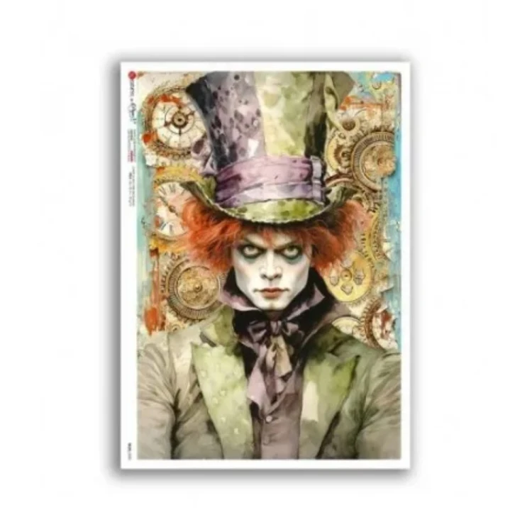 Papier ryżowy włoskiej marki Paper Designs, format A5. Zawiera motyw z opowieści fantasy przedstawiający portret szalonego Kapelusznika, postaci z Alicji w Krainie Czarów. Kod producenta 0050. Idealny do decoupage i projektów DIY.