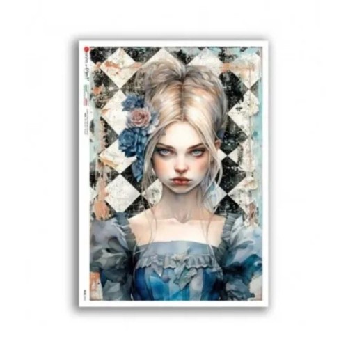 Papier ryżowy włoskiej marki Paper Designs, format A5. Zawiera motyw z opowieści fantasy przedstawiający portret kobiety w stylu Alicji z Krainy Czarów w mroczniejszej odsłonie. Kod producenta 0051. Idealny do decoupage i projektów DIY.