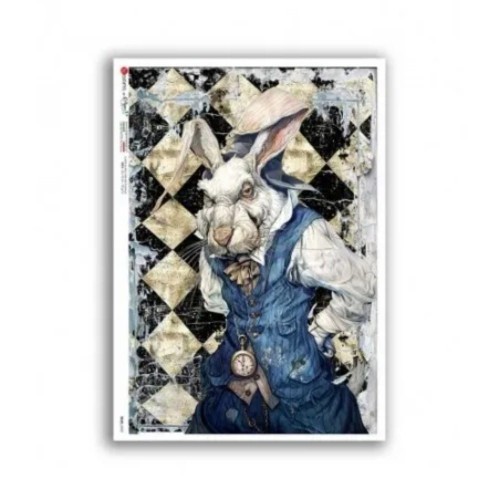 Papier ryżowy włoskiej marki Paper Designs, format A5. Zawiera motyw z opowieści fantasy przedstawiający bajkowego królika w eleganckim ubraniu. Kod producenta 0052. Idealny do decoupage i projektów DIY.