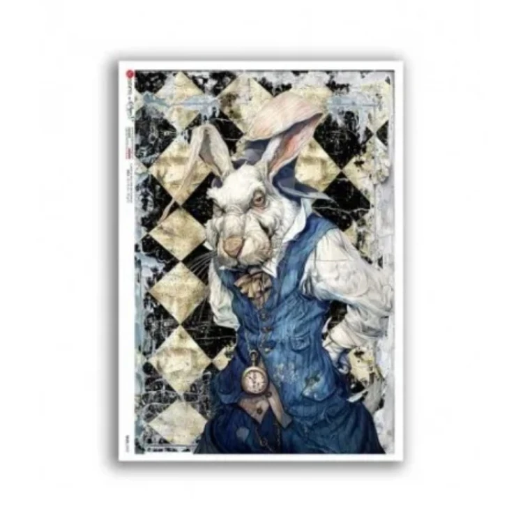 Papier ryżowy włoskiej marki Paper Designs, format A5. Zawiera motyw z opowieści fantasy przedstawiający bajkowego królika w eleganckim ubraniu. Kod producenta 0052. Idealny do decoupage i projektów DIY.