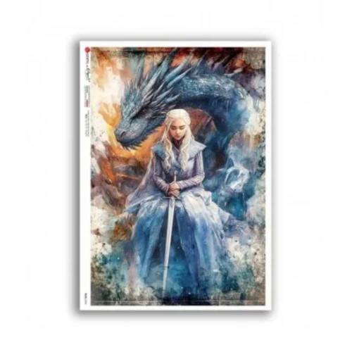 Papier ryżowy włoskiej marki Paper Designs, format A5. Zawiera motyw z opowieści fantasy przedstawiający smoka oraz srebrzystowłosą Matkę Smoków w mieczem w ręku. Kod producenta 0054. Idealny do decoupage i projektów DIY.