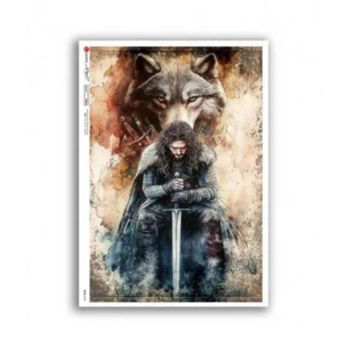 Papier ryżowy włoskiej marki Paper Designs, format A5. Zawiera motyw z opowieści fantasy przedstawiający głowę wilka oraz rycerza z mieczem. Kod producenta 0055. Idealny do decoupage i projektów DIY.