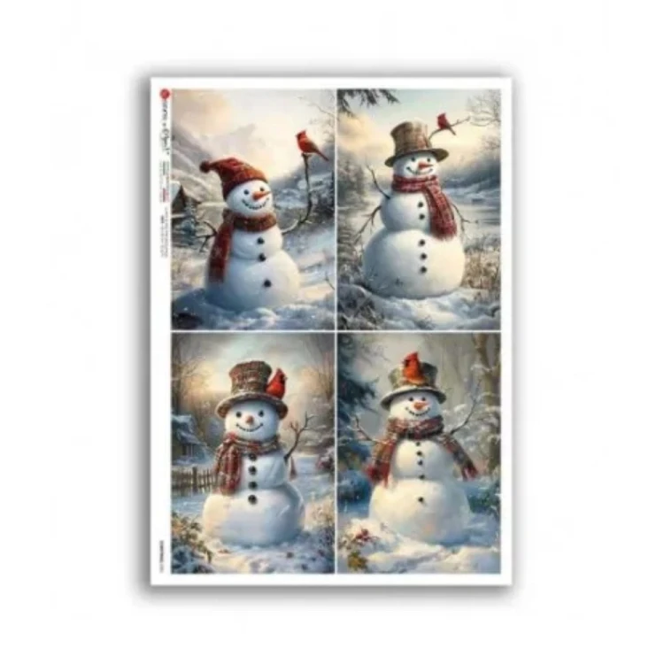 Papier ryżowy włoskiej marki Paper Designs, format A4. Zawiera motyw wesołych bałwanków,  cztery zimowe obrazki. Kod producenta 0381. Idealny do decoupage i projektów DIY.