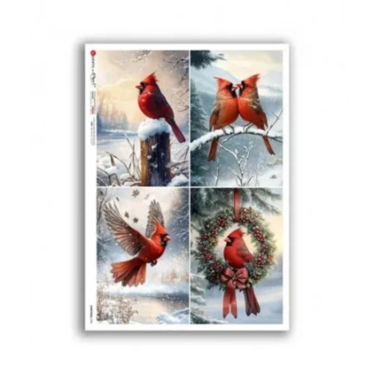Papier ryżowy włoskiej marki Paper Designs, format A4. Zawiera wzór czterech ilustracji z ptakami kardynałami w zimowej scenerii. Kod producenta 0386. Idealny do decoupage i projektów DIY.