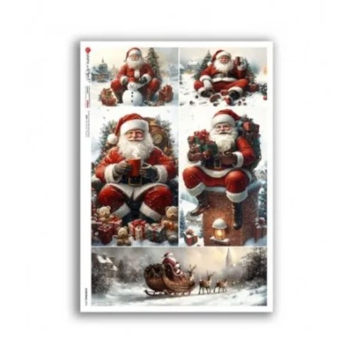 Papier ryżowy włoskiej marki Paper Designs, format A4. Zawiera motyw świąteczny,  cztery obrazki Świętego Mikołaja otoczonego prezentami. Kod producenta 0374. Idealny do decoupage i projektów DIY.