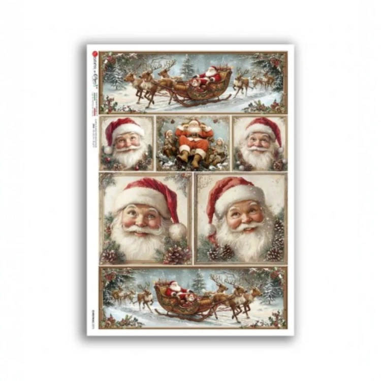 Papier ryżowy włoskiej marki Paper Designs, format A5. Zawiera motyw świąteczny, portrety Św. Mikołaja. Kod producenta 0373. Idealny do decoupage i projektów DIY.