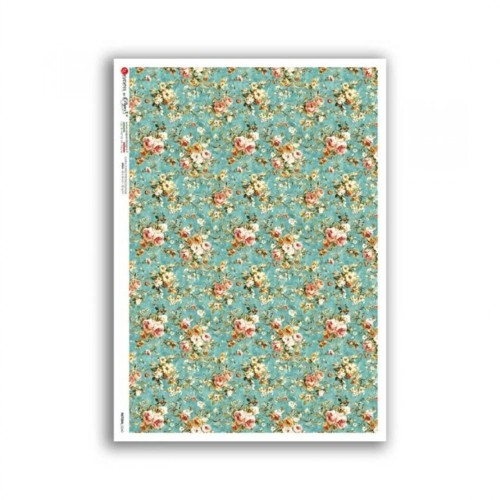 Papier ryżowy włoskiej marki Paper Designs, format A4. Zawiera wzór wzorzystej tapety, drobne róże na zielonym tle. Kod producenta 0260. Idealny do decoupage i projektów DIY.