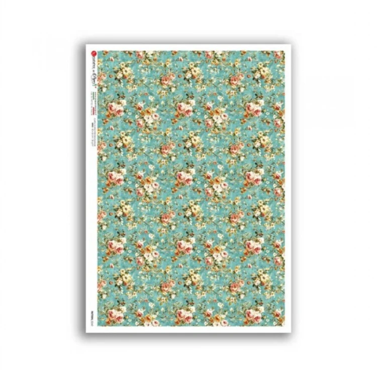 Papier ryżowy włoskiej marki Paper Designs, format A4. Zawiera wzór wzorzystej tapety, drobne róże na zielonym tle. Kod producenta 0260. Idealny do decoupage i projektów DIY.