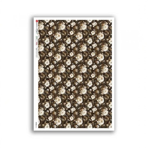 Papier ryżowy włoskiej marki Paper Designs, format A4. Zawiera wzór kwiatowej tapety, jasne kwiaty na brązowym tle. Kod producenta 0266. Idealny do decoupage i projektów DIY.