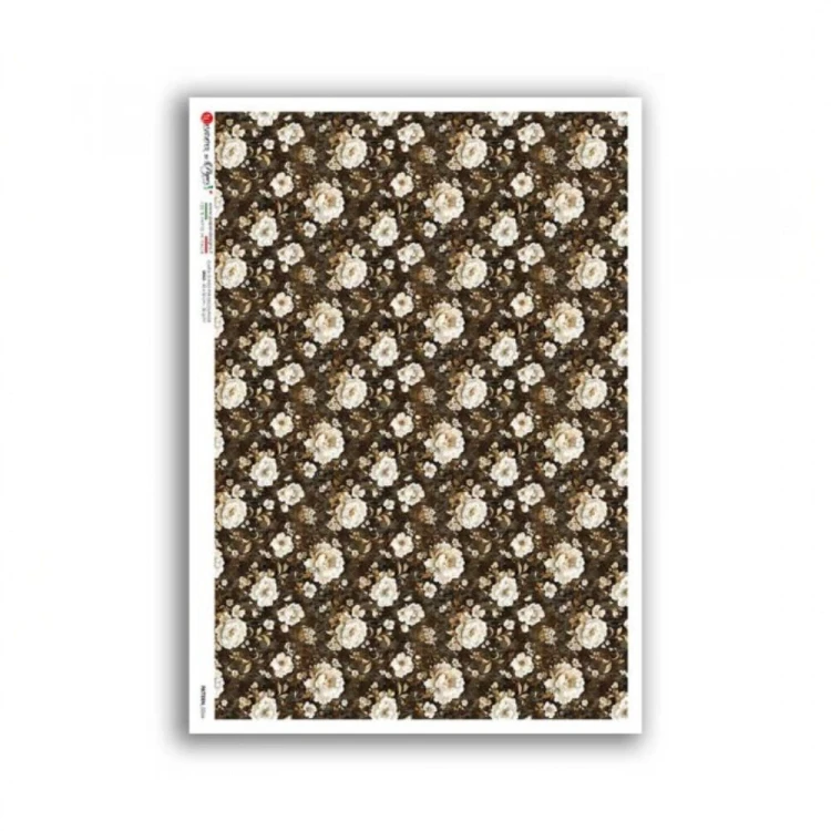 Papier ryżowy włoskiej marki Paper Designs, format A4. Zawiera wzór kwiatowej tapety, jasne kwiaty na brązowym tle. Kod producenta 0266. Idealny do decoupage i projektów DIY.