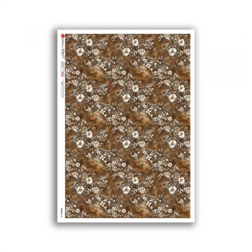 Papier ryżowy włoskiej marki Paper Designs, format A4. Zawiera wzór kwiatowej tapety, jasne kwiaty na brązowym tle. Kod producenta 0267. Idealny do decoupage i projektów DIY.