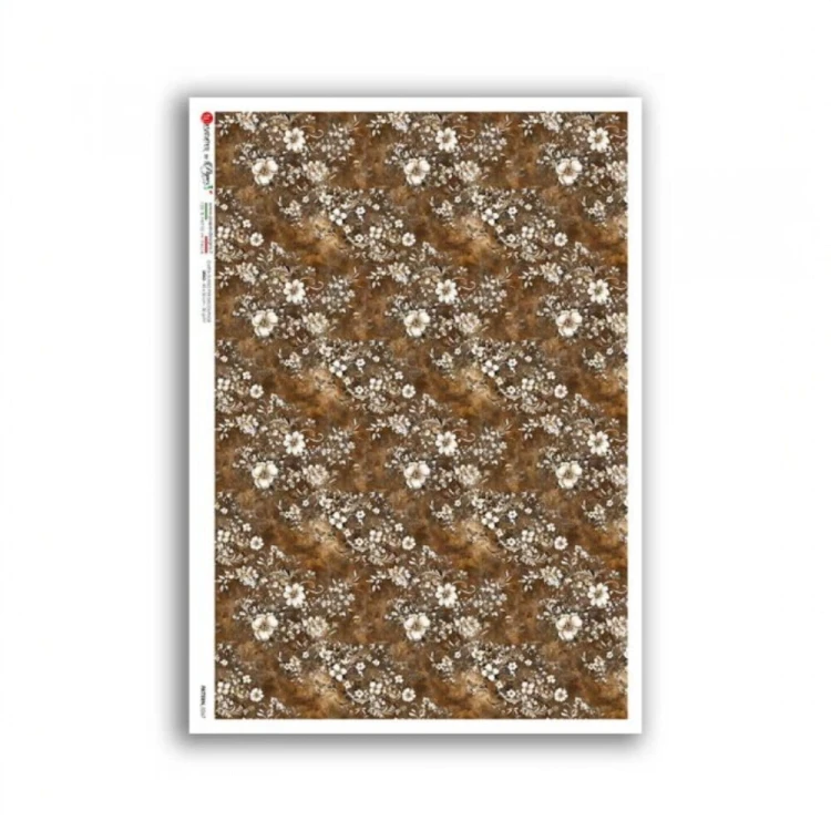 Papier ryżowy włoskiej marki Paper Designs, format A4. Zawiera wzór kwiatowej tapety, jasne kwiaty na brązowym tle. Kod producenta 0267. Idealny do decoupage i projektów DIY.