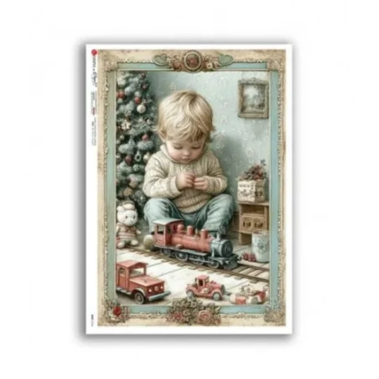 Papier ryżowy włoskiej marki Paper Designs, format A4. Zawiera lustrację z małym dzieckiem z zabawkami, w świątecznej scenerii. Kod producenta 0124. Idealny do decoupage i projektów DIY.