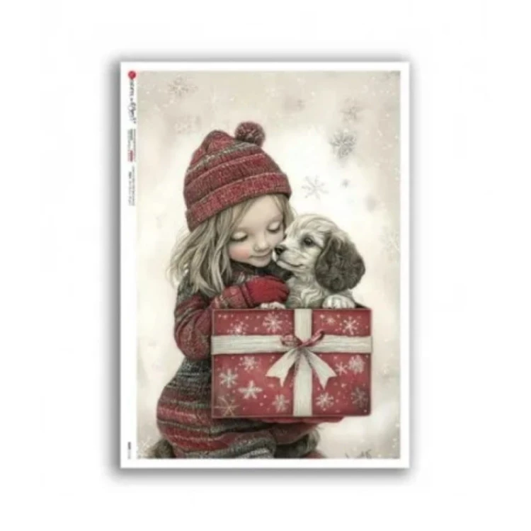 Papier ryżowy włoskiej marki Paper Designs, format A5. Zawiera lustrację z  dziewczynką w zimowej czapce,  z pieskiem i prezentem. Kod producenta 0114. Idealny do decoupage i projektów DIY.