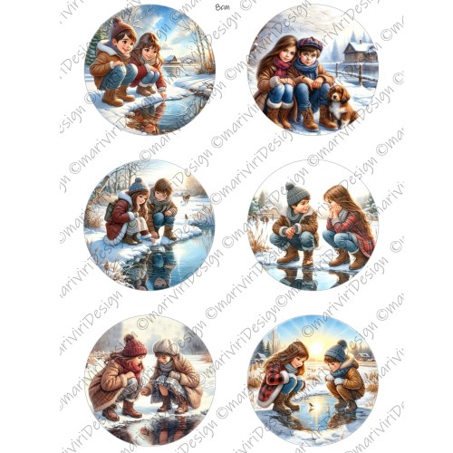 Papier ryżowy format A4 marki mariviriDesign. Zawiera sześć scenek z widokami zimowymi, dzieci bawiące się nad strumykiem. Motywy o średnicy 6cm. Idealny do decoupage i projektów DIY.
