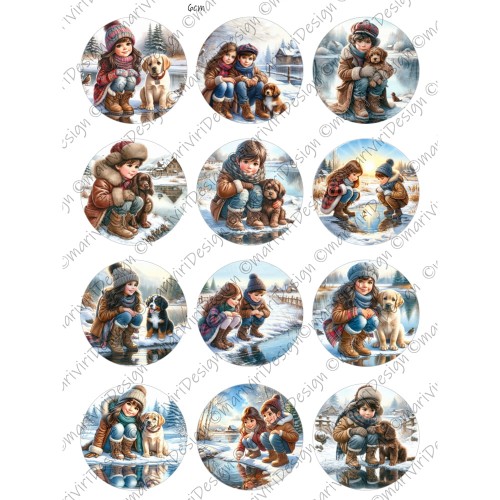 Papier ryżowy format A4 marki mariviriDesign. Zawiera dwanaście scenek z widokami zimowymi, dzieci bawiące się nad lodowym strumykiem. Idealny do decoupage i projektów DIY.