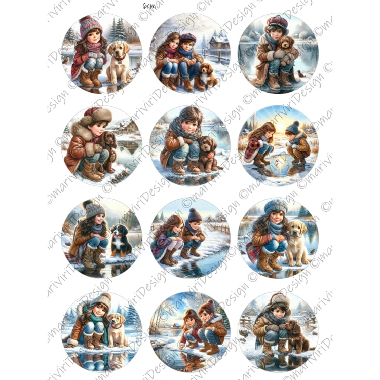 Papier ryżowy format A4 marki mariviriDesign. Zawiera dwanaście scenek z widokami zimowymi, dzieci bawiące się nad lodowym strumykiem. Idealny do decoupage i projektów DIY.