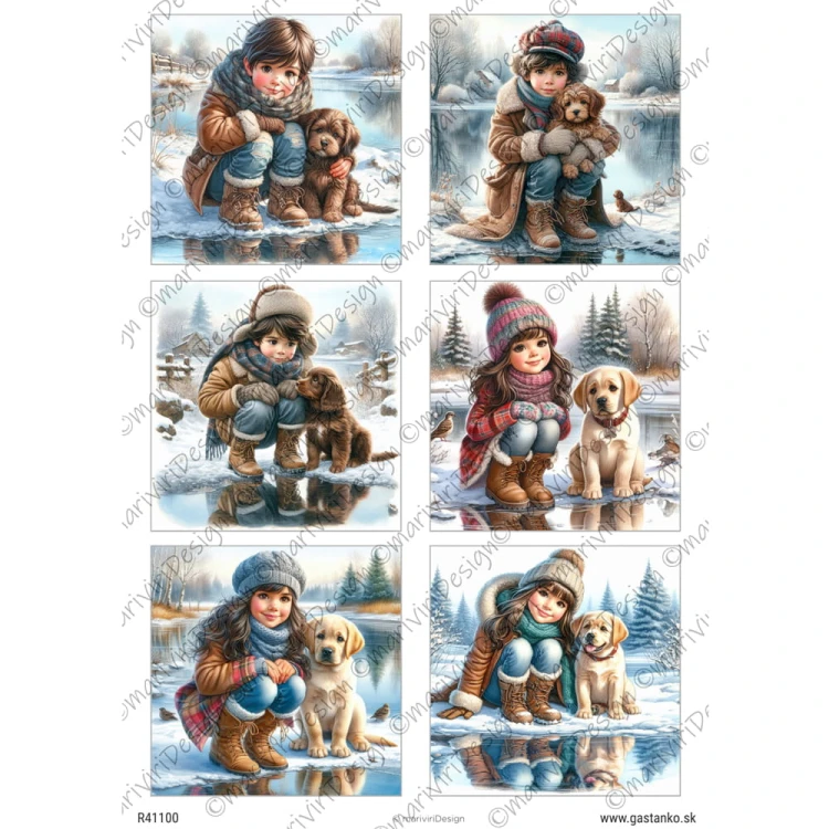 Papier ryżowy format A4 marki mariviriDesign. Zawiera sześć obrazków z widokami zimowymi, dzieci z pieskami bawiące się nad lodowym strumykiem.  Obrazem - 9cm, Idealny do decoupage i projektów DIY.