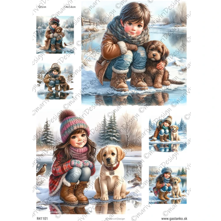 Papier ryżowy format A4 marki mariviriDesign. Zawiera sześć obrazków z widokami zimowymi, dzieci z pieskami bawiące się nad lodowym strumykiem. Dwa duże obrazki - 14cm, cztery mniejsze po 5cm. Idealny do decoupage i projektów DIY.