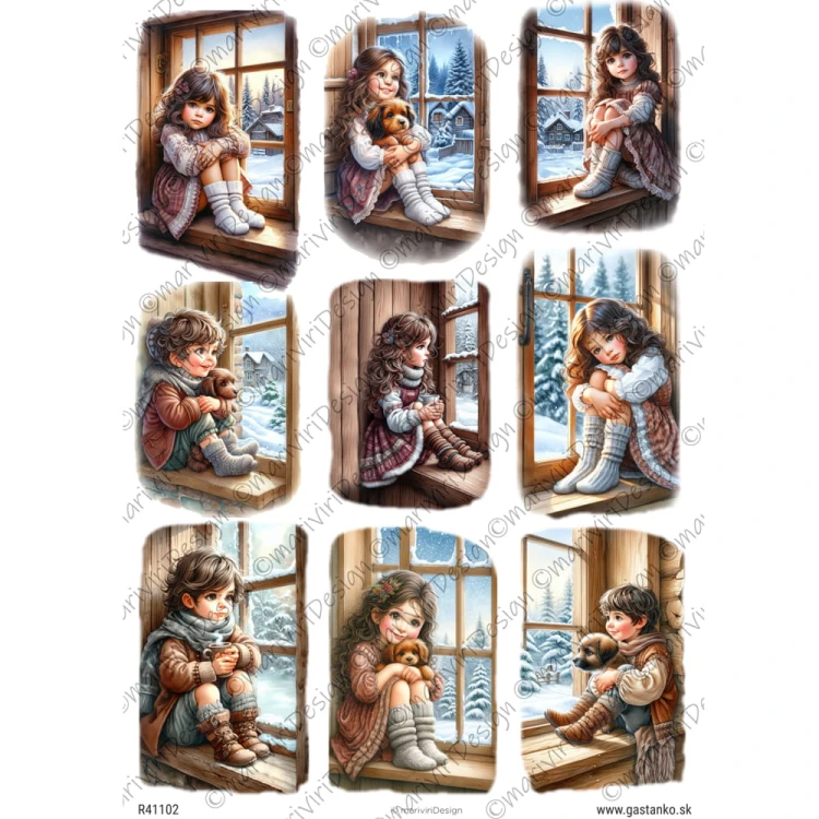 Papier ryżowy format A4 marki mariviriDesign. Zawiera dziewięć obrazków, dzieci podziwiające widoki zimowe z przytulnego parapetu okiennego. Idealny do decoupage i projektów DIY.
