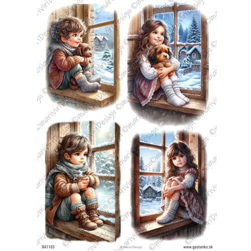 Papier ryżowy format A4 marki mariviriDesign. Zawiera cztery obrazki, dzieci podziwiające widoki zimowe z parapetu okiennego. Idealny do decoupage i projektów DIY.