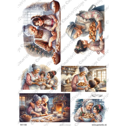 Papier ryżowy format A4 marki mariviriDesign. Zawiera sześć ilustracji przedstawiających rodzinną scenerię, w trakcie wypieku świątecznych pierników. Idealny do decoupage i projektów DIY.