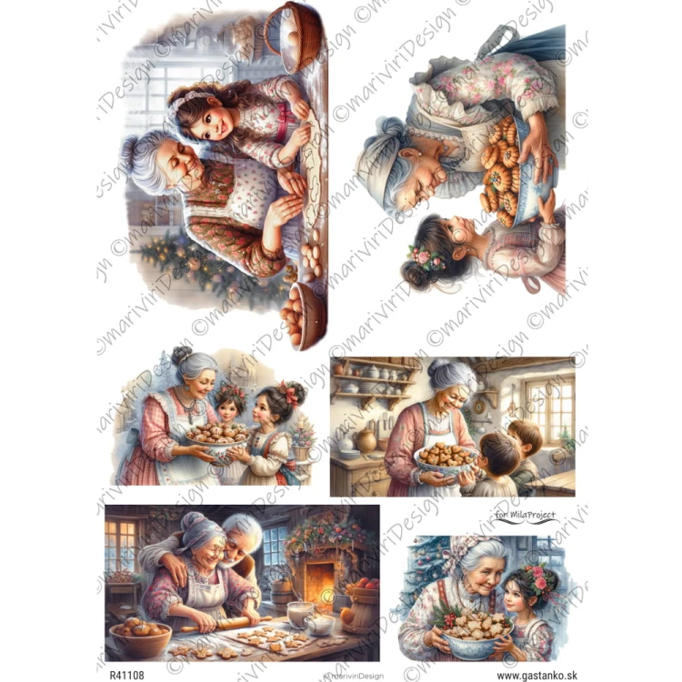 Papier ryżowy format A4 marki mariviriDesign. Zawiera sześć ilustracji przedstawiających rodzinną scenerię, w trakcie wypieku świątecznych pierników. Idealny do decoupage i projektów DIY.