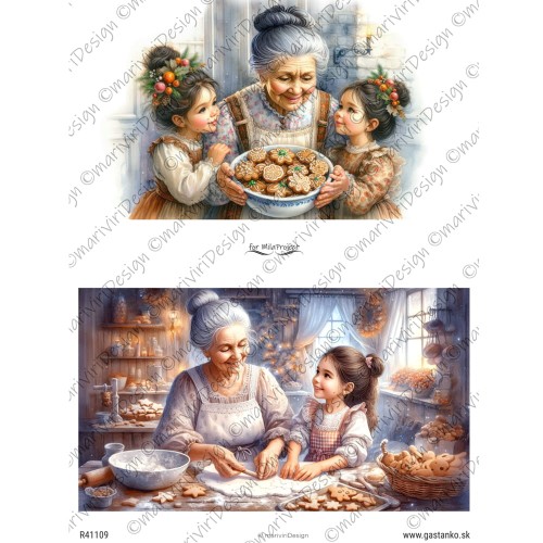 Papier ryżowy format A4 marki mariviriDesign. Zawiera dwie ilustracji przedstawiających rodzinną scenerię, babcia i wnuczka w trakcie wypieku świątecznych pierników. Idealny do decoupage i projektów DIY.