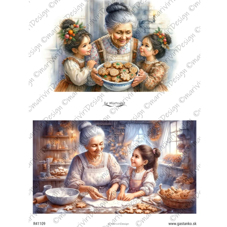 Papier ryżowy format A4 marki mariviriDesign. Zawiera dwie ilustracji przedstawiających rodzinną scenerię, babcia i wnuczka w trakcie wypieku świątecznych pierników. Idealny do decoupage i projektów DIY.