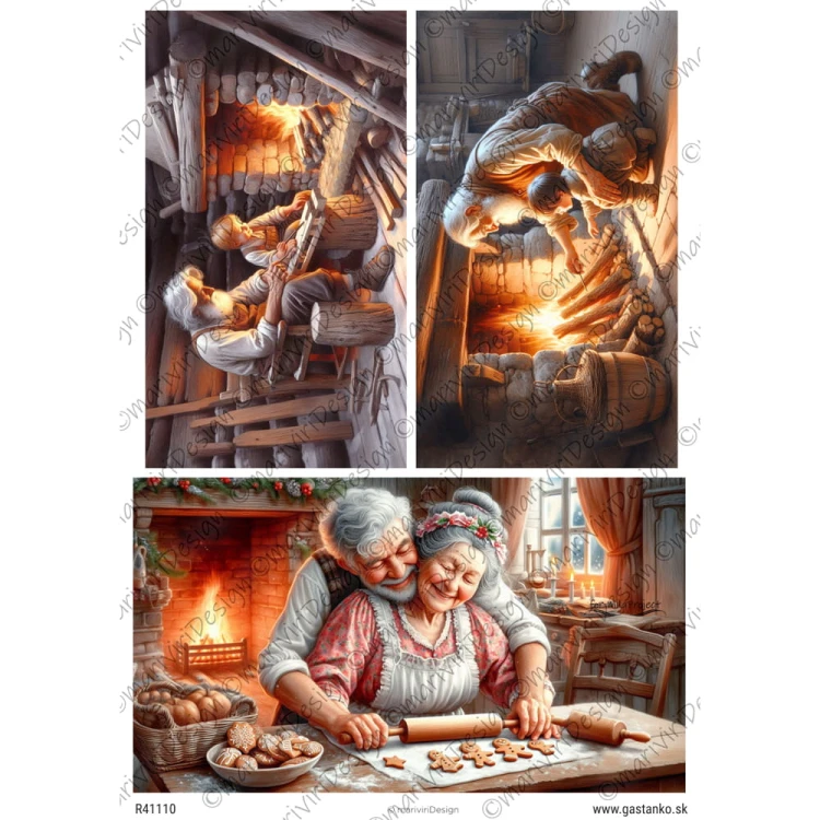 Papier ryżowy format A4 marki mariviriDesign. Zawiera trzy ilustracji przedstawiających rodzinną scenerię, babcię i dziadka przy ognisku domowym. Obrazki pełne ciepła i radości. Idealny do decoupage i projektów DIY.