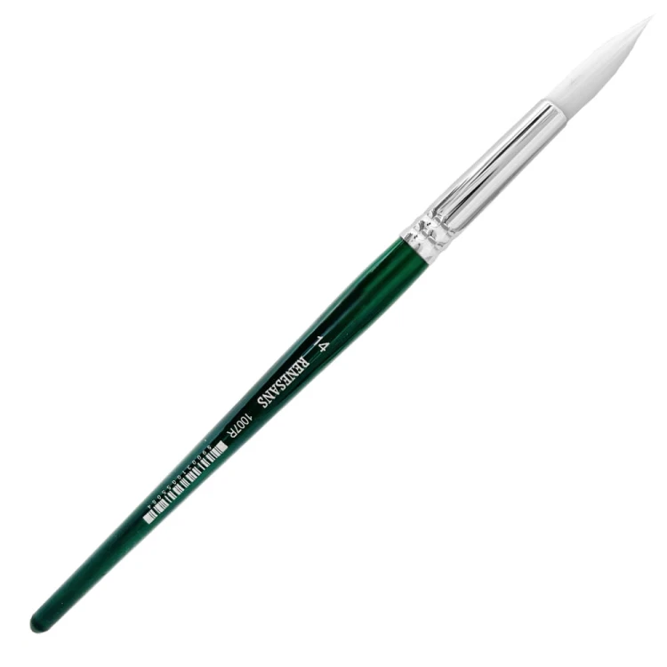 Pędzel syntetyczny okrągły, marki Renesans, seria 1007R. Rozmiar nr 14, długość włosia 31,6mm. Włosie syntetyczne w białym kolorze. Sprawdzi się w różnych technikach dekoracyjnych, pracach artystycznych, precyzyjnym wykańczaniu detali w decoupage.