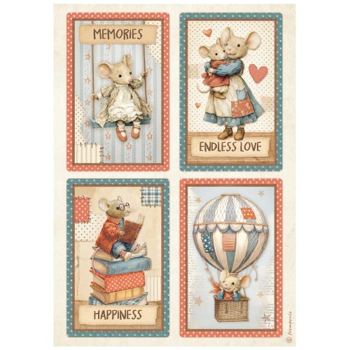 Papier ryżowy Stamperia A4 Famili- DFSA41083 | Myszki balon książki