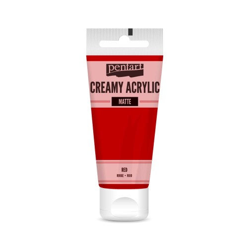 Farba akrylowa Pentart Creamy Acrylic 60ml. Matowa, mocno napigmentowana o gęstej, kremowej konsystencji, w kolorze czerwonym. Idealna do efektu grubych warstw i struktur. Sprawdzi się w technice mixmedia, decoupage i projektach handmade.