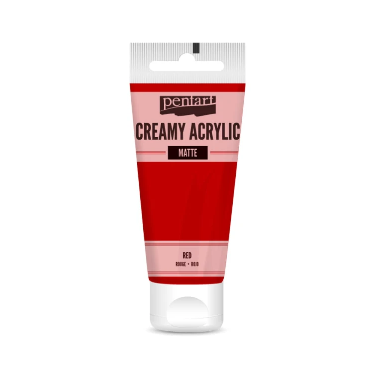 Farba akrylowa Pentart Creamy Acrylic 60ml. Matowa, mocno napigmentowana o gęstej, kremowej konsystencji, w kolorze czerwonym. Idealna do efektu grubych warstw i struktur. Sprawdzi się w technice mixmedia, decoupage i projektach handmade.