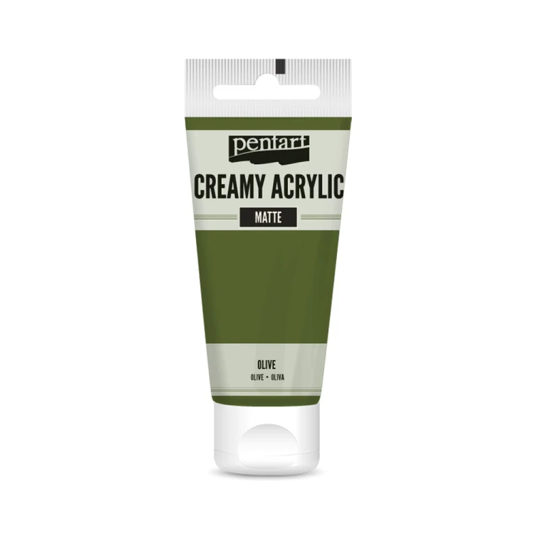 Farba akrylowa Pentart Creamy Acrylic 60ml. Matowa, mocno napigmentowana o gęstej, kremowej konsystencji, w kolorze oliwka. Idealna do efektu grubych warstw i struktur. Sprawdzi się w technice mixmedia, decoupage i projektach handmade.