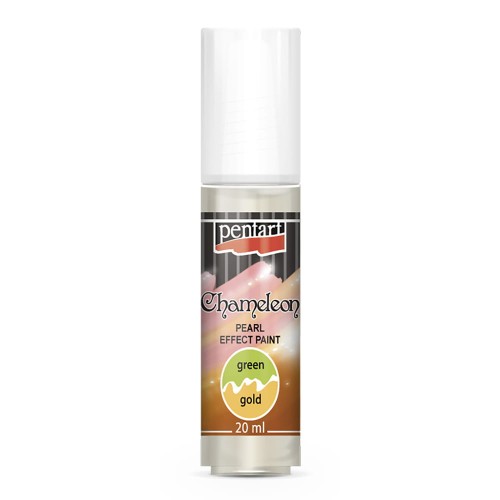 Farba Chameleon marki Pentart, kolor zielono-złoty, tubka 20ml. Farba perłowa, dwukolorowa. Zmienia odcień w zależności od kąta padania światła. Sprawdzi się w technice mixmedia, decoupage i projektach handmade.