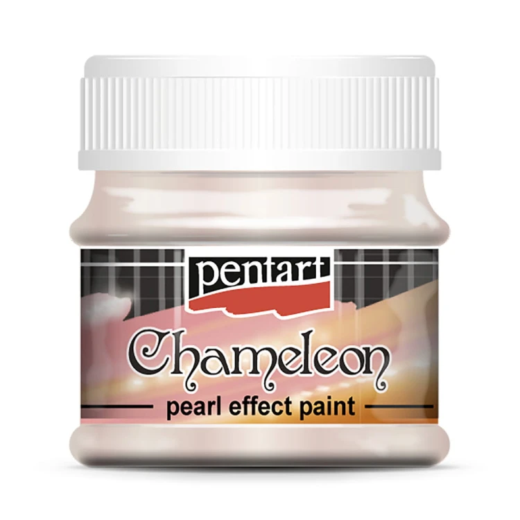Farba Chameleon marki Pentart, kolor różowo-złoty, pojemność 50ml. Farba perłowa, dwukolorowa. Zmienia odcień w zależności od kąta padania światła. Sprawdzi się w technice mixmedia, decoupage i projektach handmade.