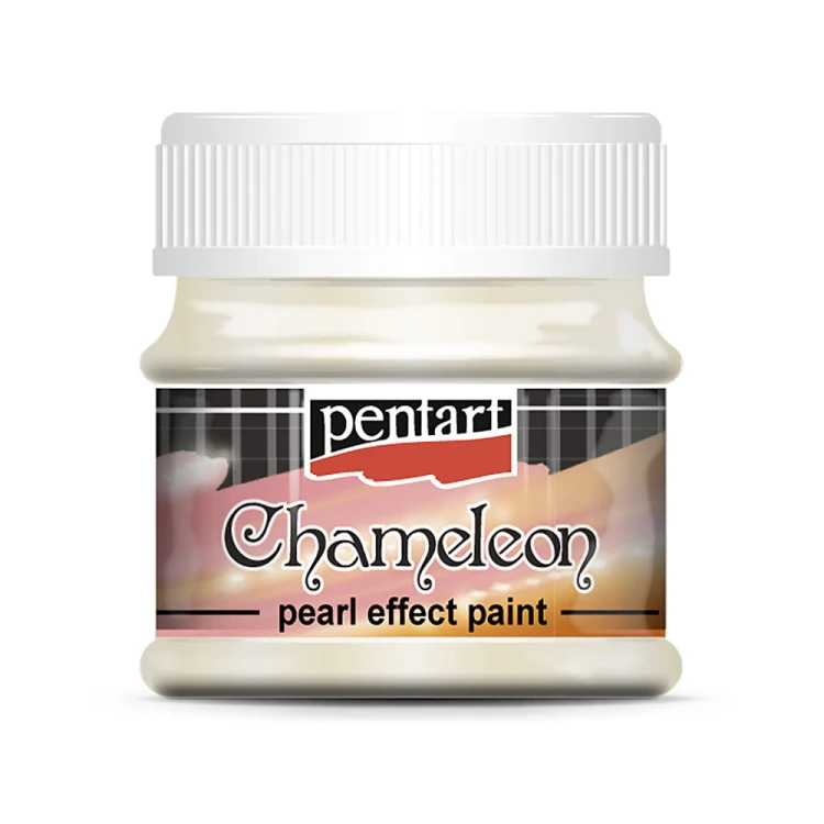 Farba Chameleon marki Pentart, kolor żółto-niebieskim, pojemność 50ml. Farba perłowa, dwukolorowa. Zmienia odcień w zależności od kąta padania światła. Sprawdzi się w technice mixmedia, decoupage i projektach handmade.