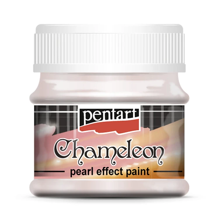 Farba Chameleon marki Pentart, kolor różowo-turkusowy, pojemność 50ml. Farba perłowa, dwukolorowa. Zmienia odcień w zależności od kąta padania światła. Sprawdzi się w technice mixmedia, decoupage i projektach handmade.
