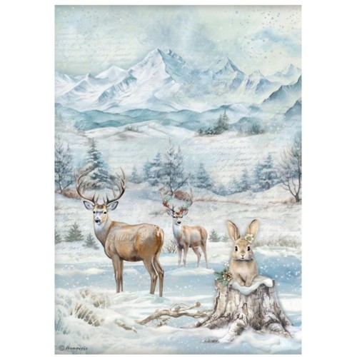 Papier ryżowy Stamperia A4 DFSA41055 - zimowy widok z jeleniem i zajączkiem